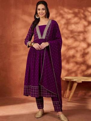 women embroidered  v-neck kurta with trousers & dupatta 1