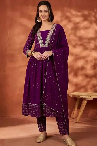 women embroidered  v-neck kurta with trousers & dupatta