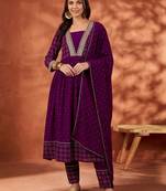 women embroidered  v-neck kurta with trousers & dupatta