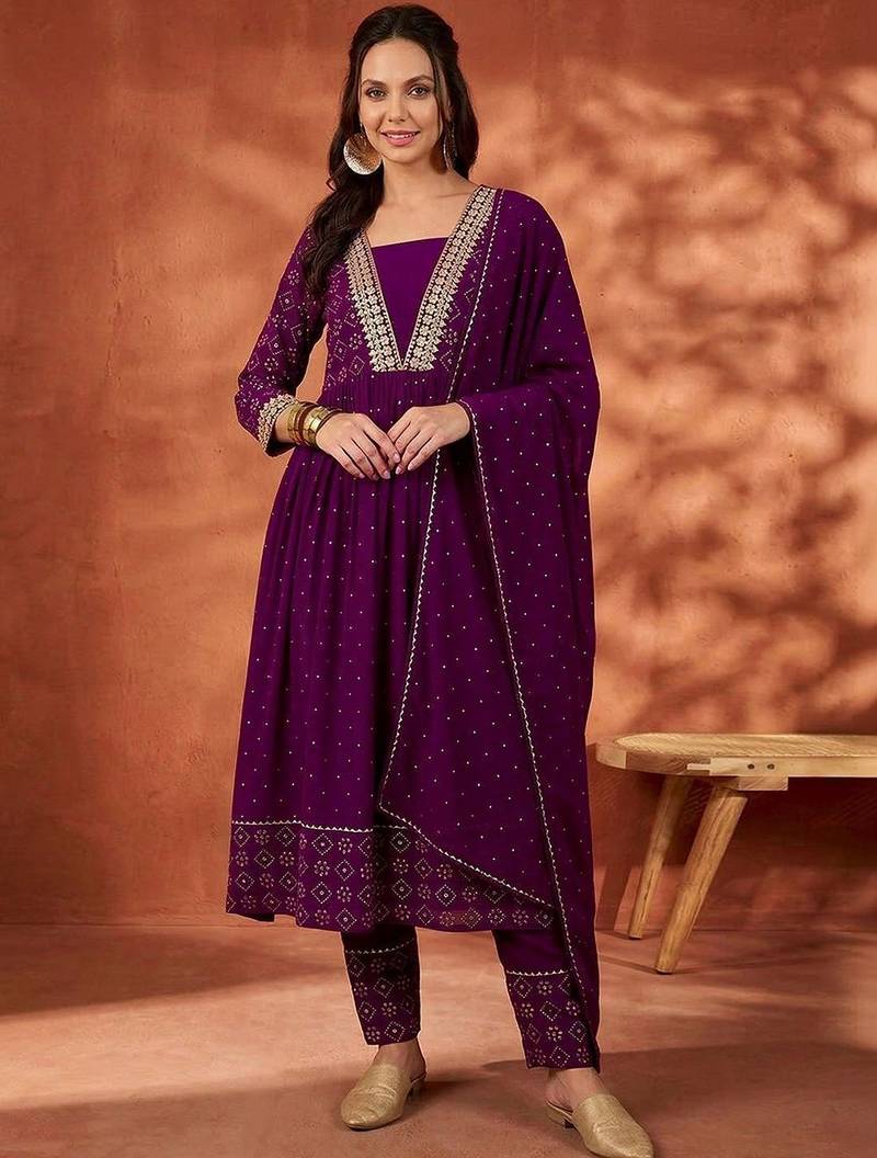 women embroidered  v-neck kurta with trousers & dupatta