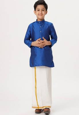 blue traditional silk blend dhoti kurta set for boys 1