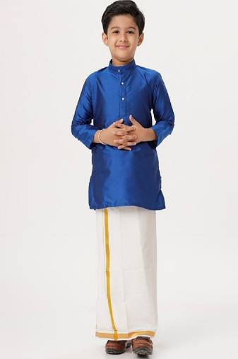Blue silk blend kurta veshti - boys dhoti kurta