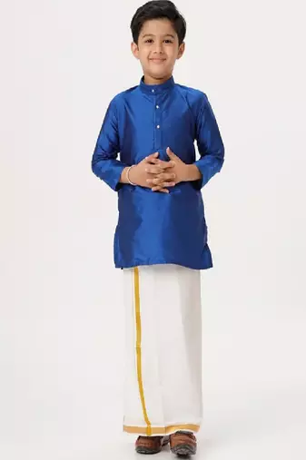 Blue silk blend kurta veshti - boys dhoti kurta