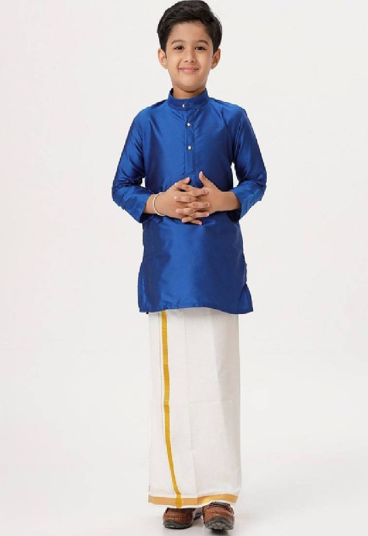 Blue silk blend kurta veshti - boys dhoti kurta