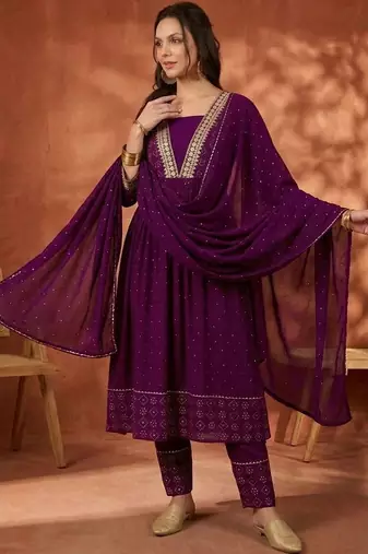 women embroidered  v-neck kurta with trousers & dupatta