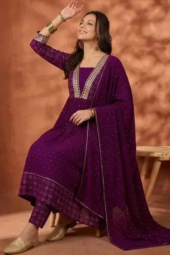 women embroidered  v-neck kurta with trousers & dupatta