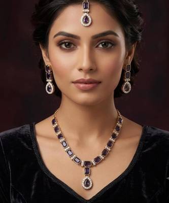 Purple color necklace set with earrings and maang tikka     agate stone, antique gold plating 1