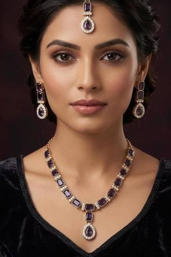 Purple color necklace set with earrings and maang tikka     agate stone, antique gold plating