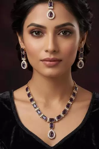 Purple color necklace set with earrings and maang tikka     agate stone, antique gold plating