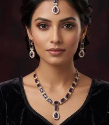 Purple color necklace set with earrings and maang tikka     agate stone, antique gold plating