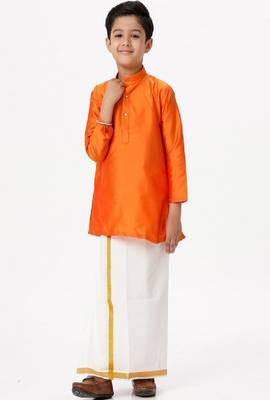 orange silk blend boys dhoti kurta set with zari work 1