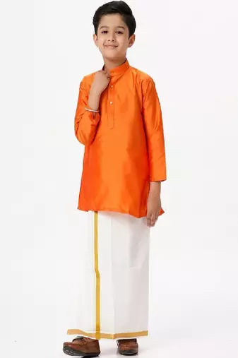 Orange zari silk blend kurta with veshti dhoti - boys dhoti-kurta