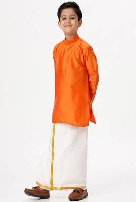 orange silk blend boys dhoti kurta set with zari work 3
