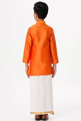orange silk blend boys dhoti kurta set with zari work 4
