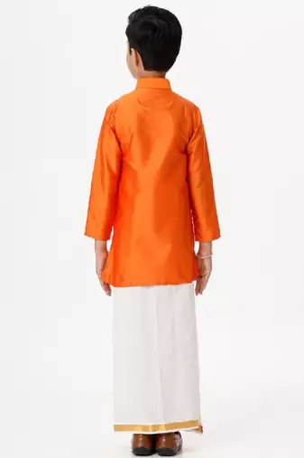 Orange zari silk blend kurta with veshti dhoti - boys dhoti-kurta