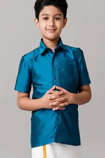 Blue plain cotton short sleeve shirt - boys shirts
