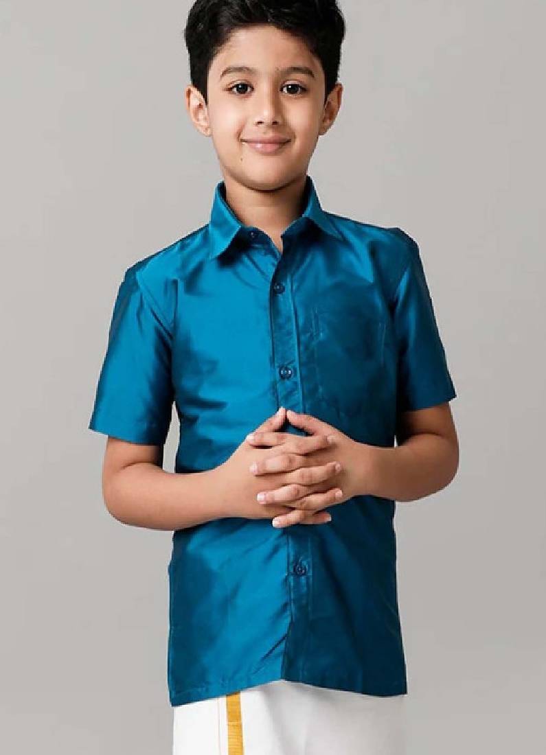 Blue plain cotton short sleeve shirt - boys shirts