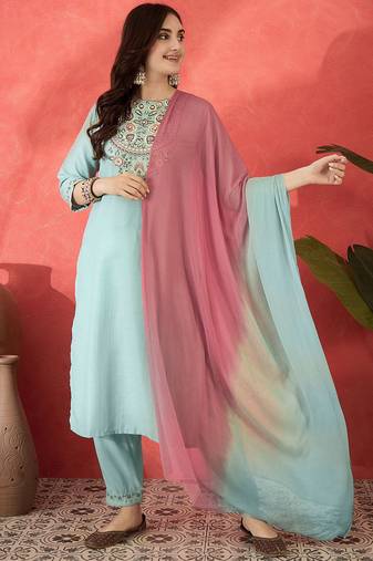 floral embroidered round neck sequinned straight kurta trousers & dupatta