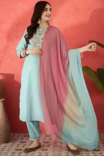 floral embroidered round neck sequinned straight kurta trousers & dupatta