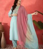 floral embroidered round neck sequinned straight kurta trousers & dupatta