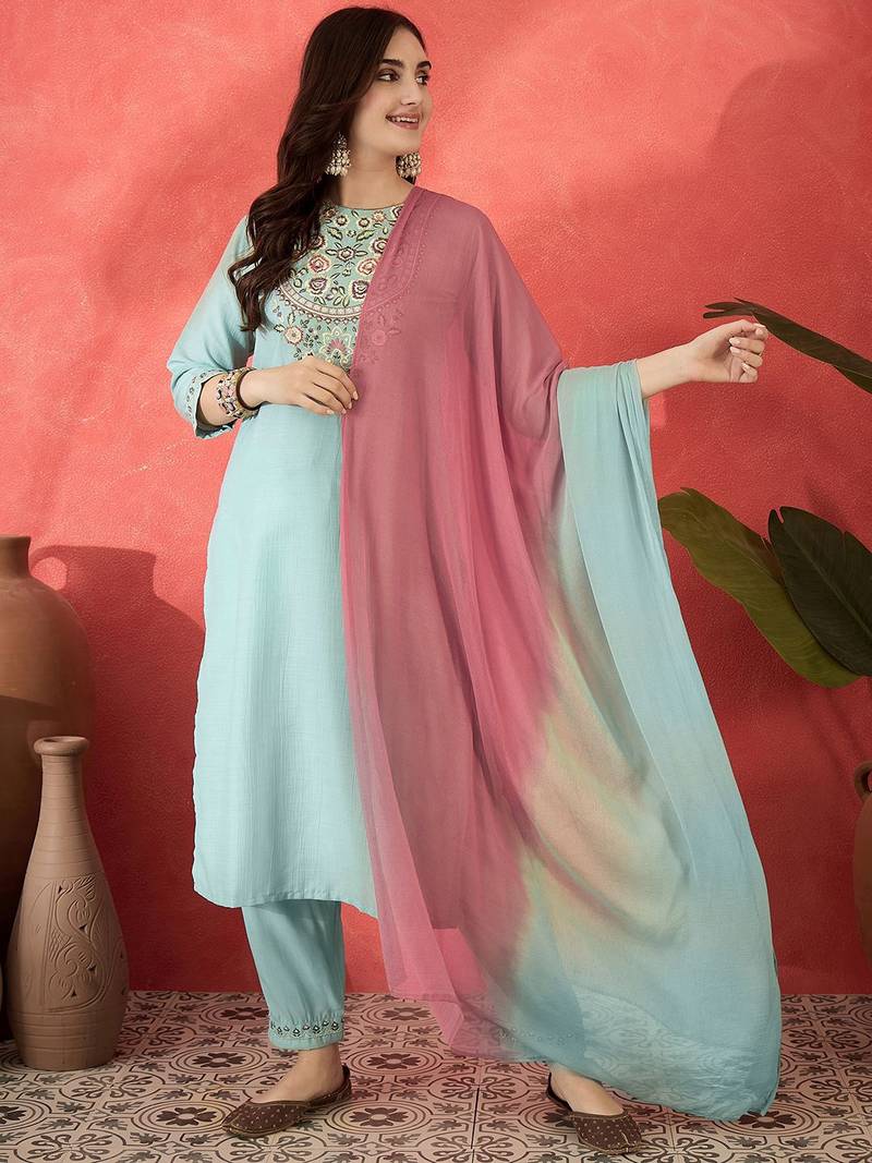 floral embroidered round neck sequinned straight kurta trousers & dupatta