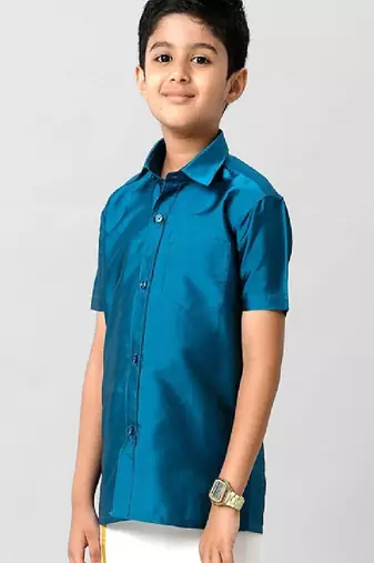 Blue plain cotton short sleeve shirt - boys shirts