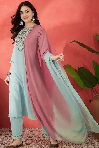 floral embroidered round neck sequinned straight kurta trousers & dupatta