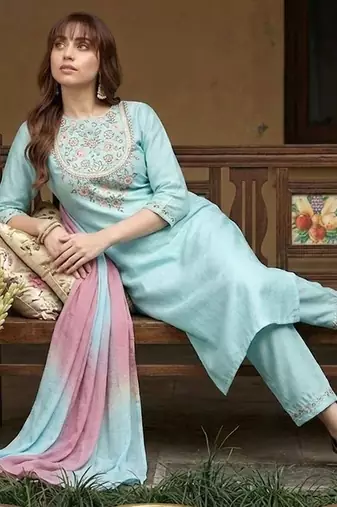 yoke design poly chiffon round neck kurta & trousers with dupatta