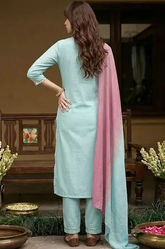 yoke design poly chiffon round neck kurta & trousers with dupatta