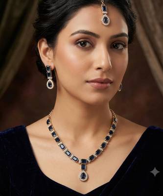 Blue color necklace set with earrings and maang tikka     agate stone, antique gold plating 1