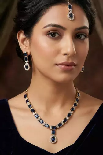 Blue color necklace set with earrings and maang tikka     agate stone, antique gold plating