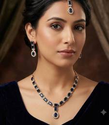 Blue color necklace set with earrings and maang tikka     agate stone, antique gold plating