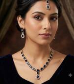 Blue color necklace set with earrings and maang tikka     agate stone, antique gold plating