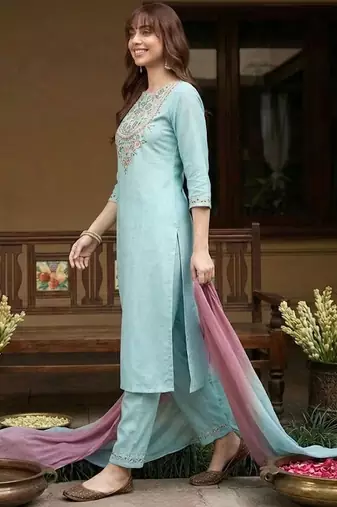 yoke design poly chiffon round neck kurta & trousers with dupatta