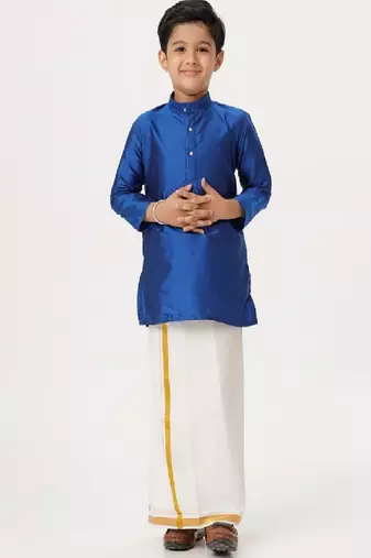 Blue silk blend kurta veshti set - boys