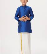 Blue silk blend kurta veshti set - boys