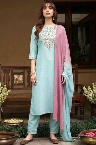 yoke design poly chiffon round neck kurta & trousers with dupatta