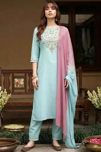 yoke design poly chiffon round neck kurta & trousers with dupatta