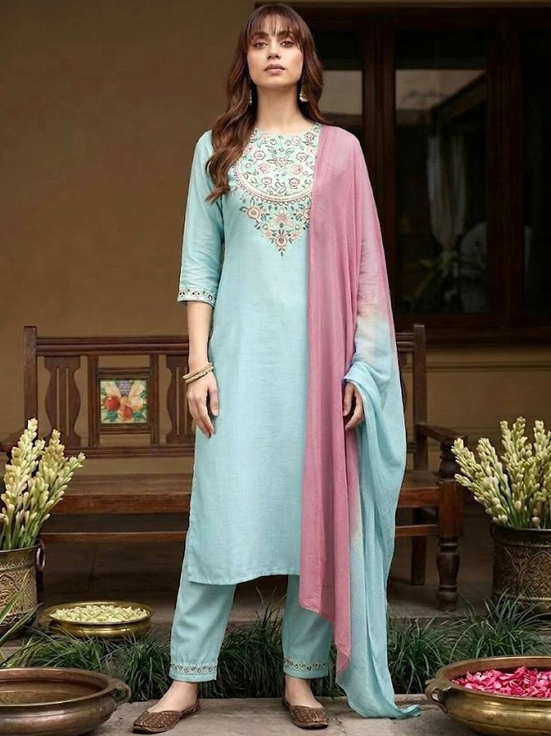 yoke design poly chiffon round neck kurta & trousers with dupatta