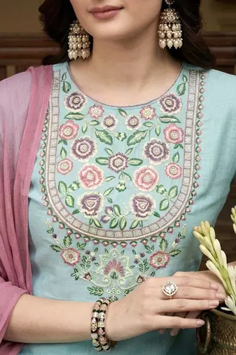 yoke design poly chiffon round neck kurta & trousers with dupatta