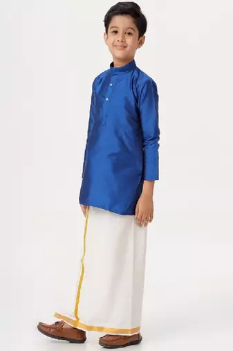 Blue silk blend kurta veshti set - boys