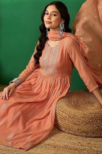 peach floral embroidered a-line kurta with trouser & dupatta