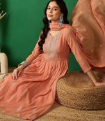 peach floral embroidered a-line kurta with trouser & dupatta