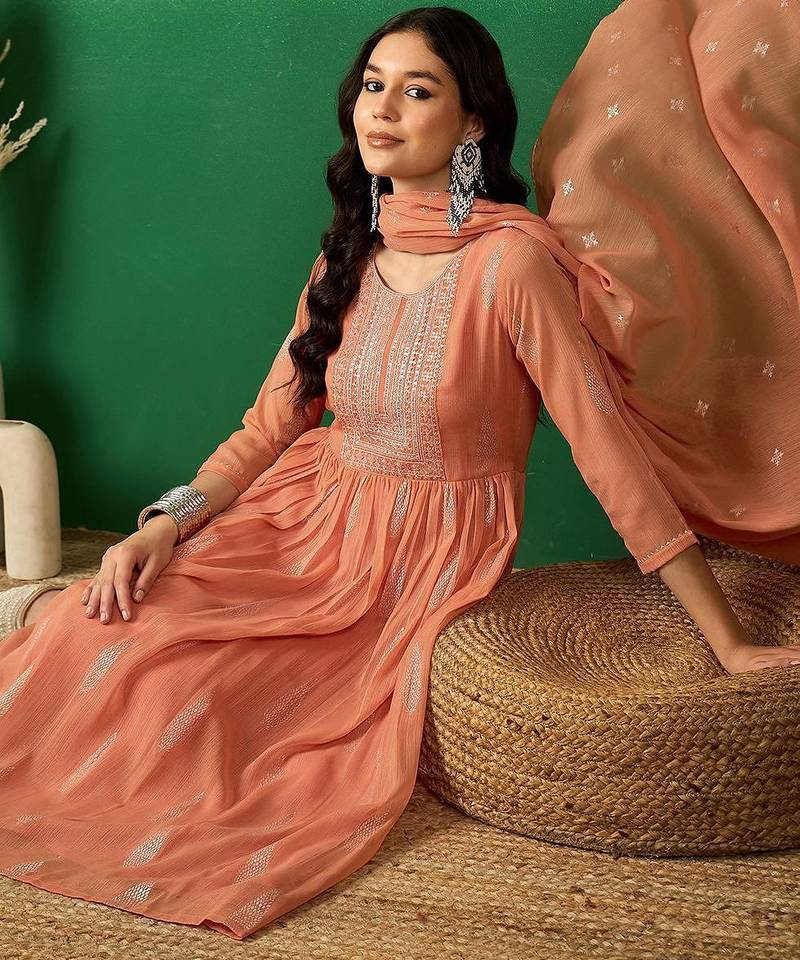 peach floral embroidered a-line kurta with trouser & dupatta