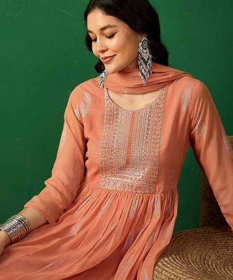 peach floral embroidered a-line kurta with trouser & dupatta 2