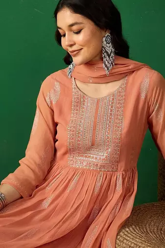 peach floral embroidered a-line kurta with trouser & dupatta