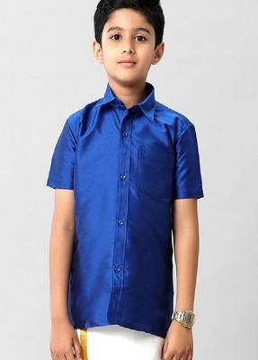 blue solid cotton short sleeve shirt for boys 1