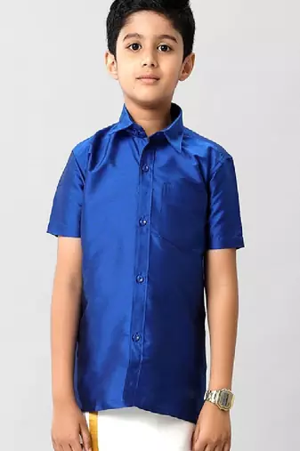 Blue solid cotton short sleeve shirt - boys