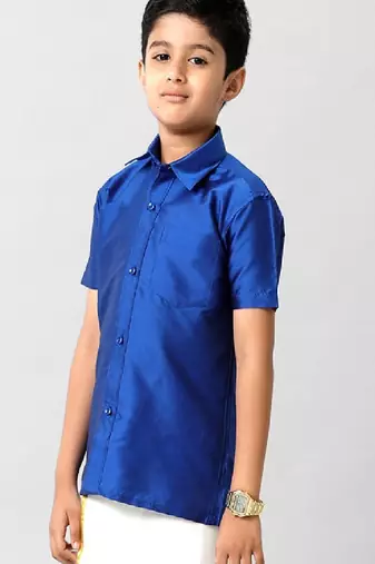 Blue solid cotton short sleeve shirt - boys