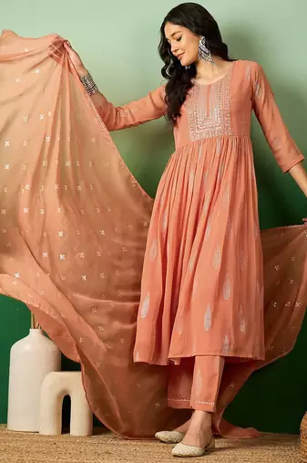 peach floral embroidered a-line kurta with trouser & dupatta